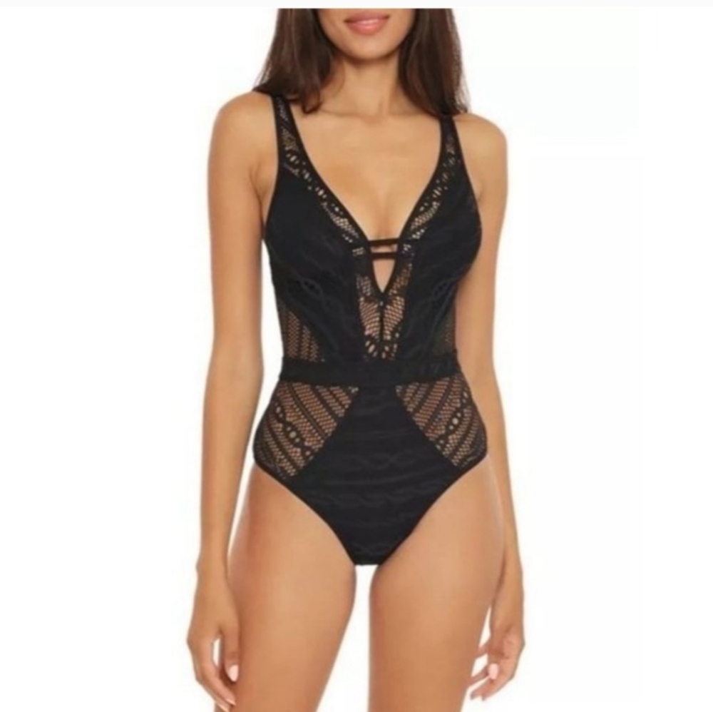 BECCA by Rebecca Virtue Color Play Black Crochet One Piece Swimsuit Small NWT